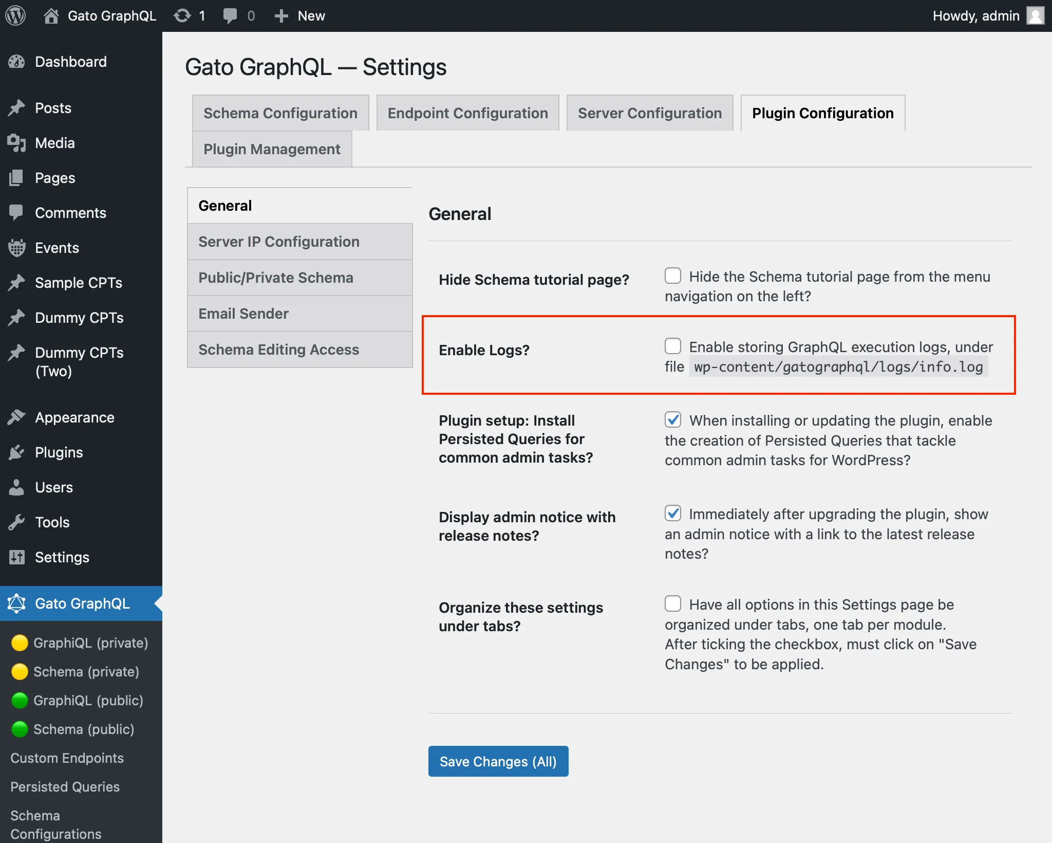 Enable Logs? option in Settings Enable Logs? option in Settings