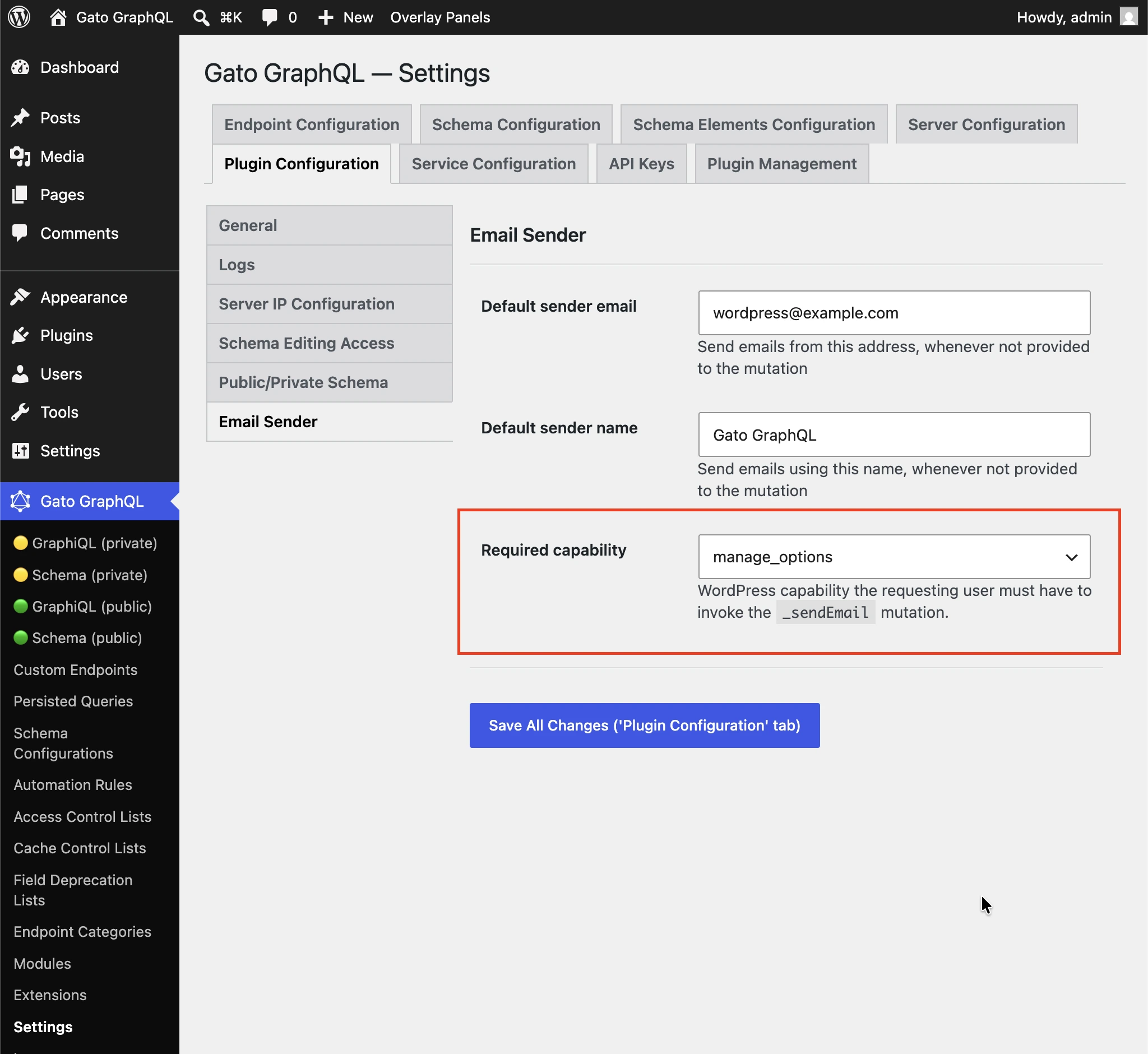 Setting the required capability for the Email Sender