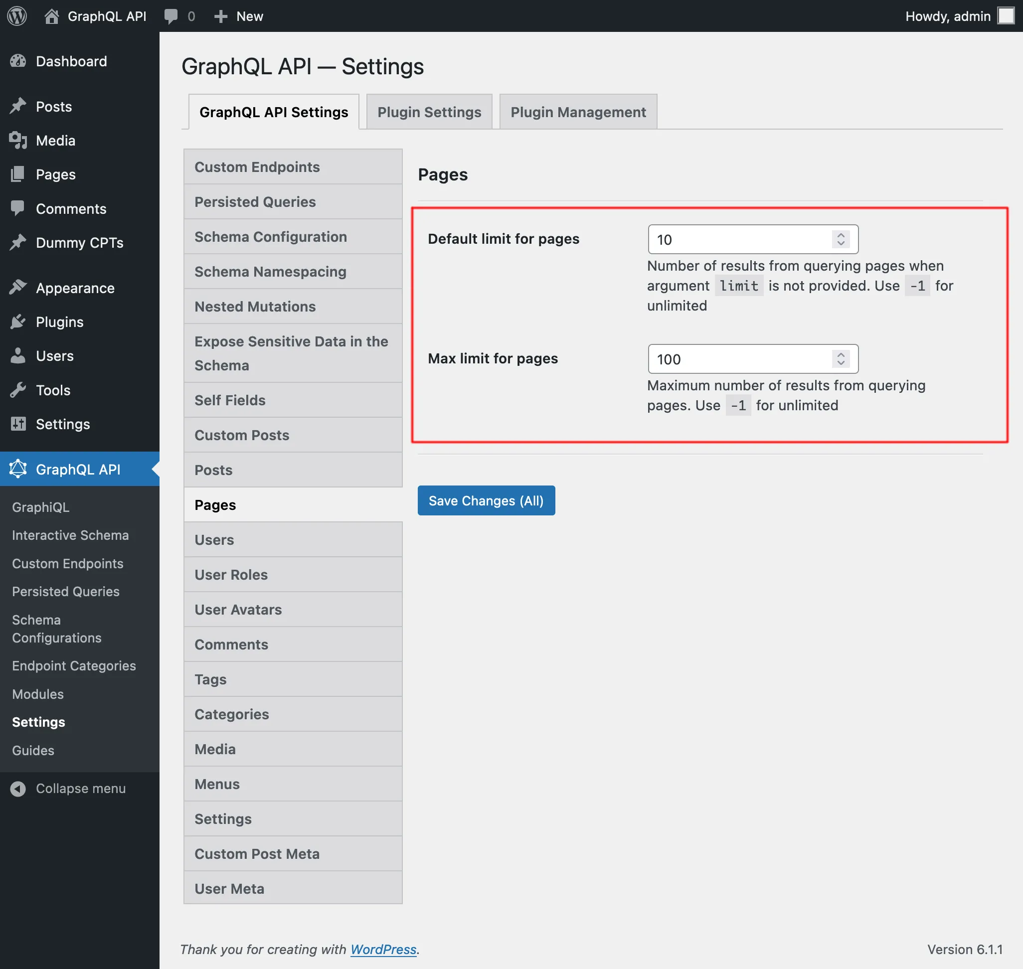 Settings for Page limits Settings for Page limits