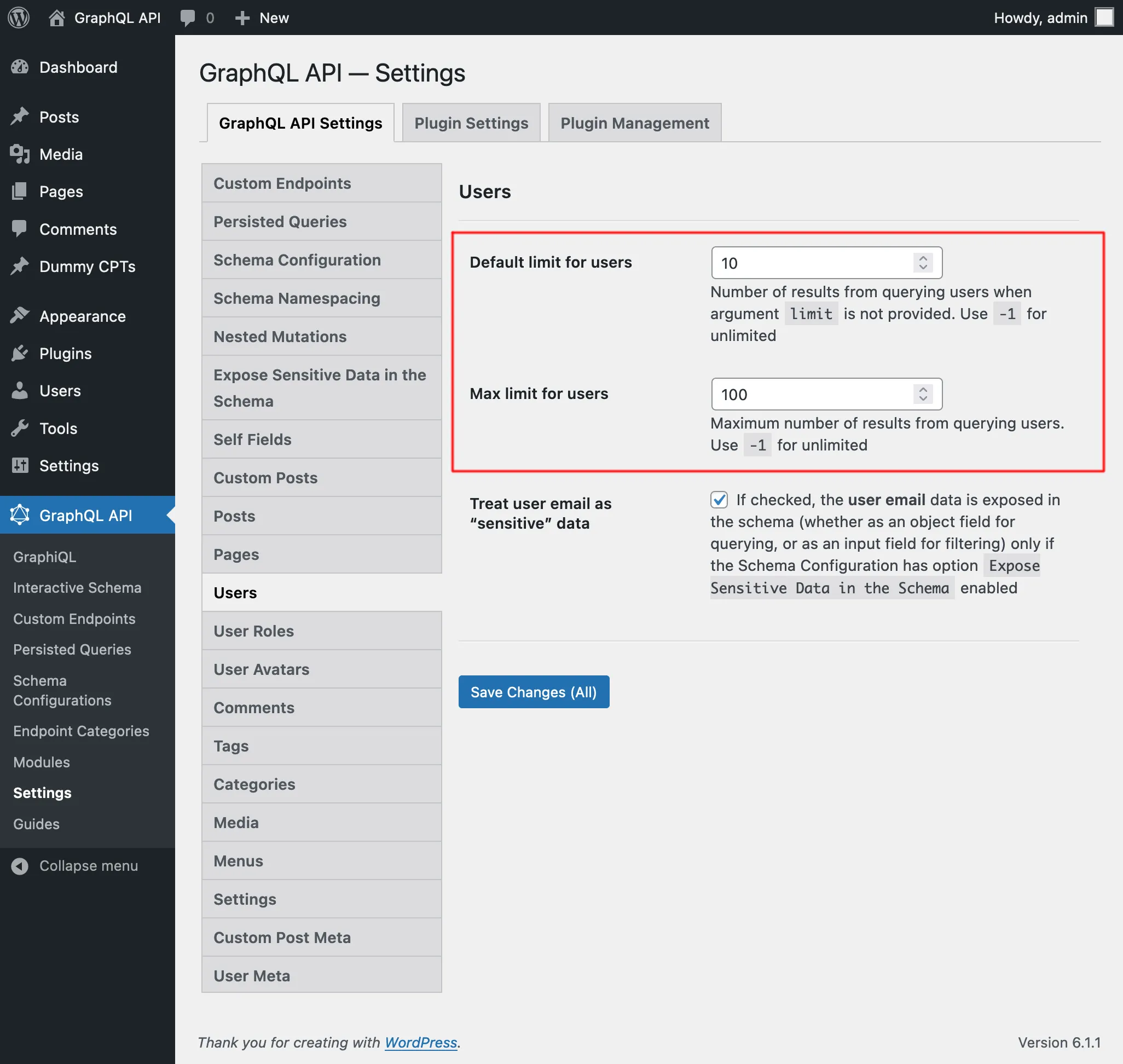 Settings for User limits Settings for User limits