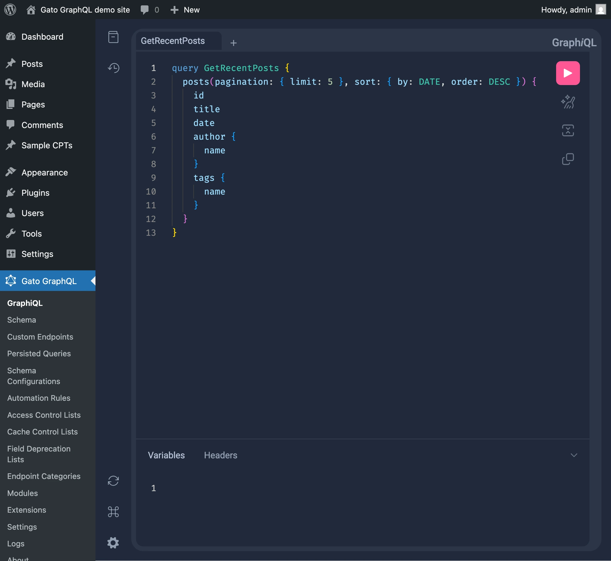GraphiQL client within the wp-admin