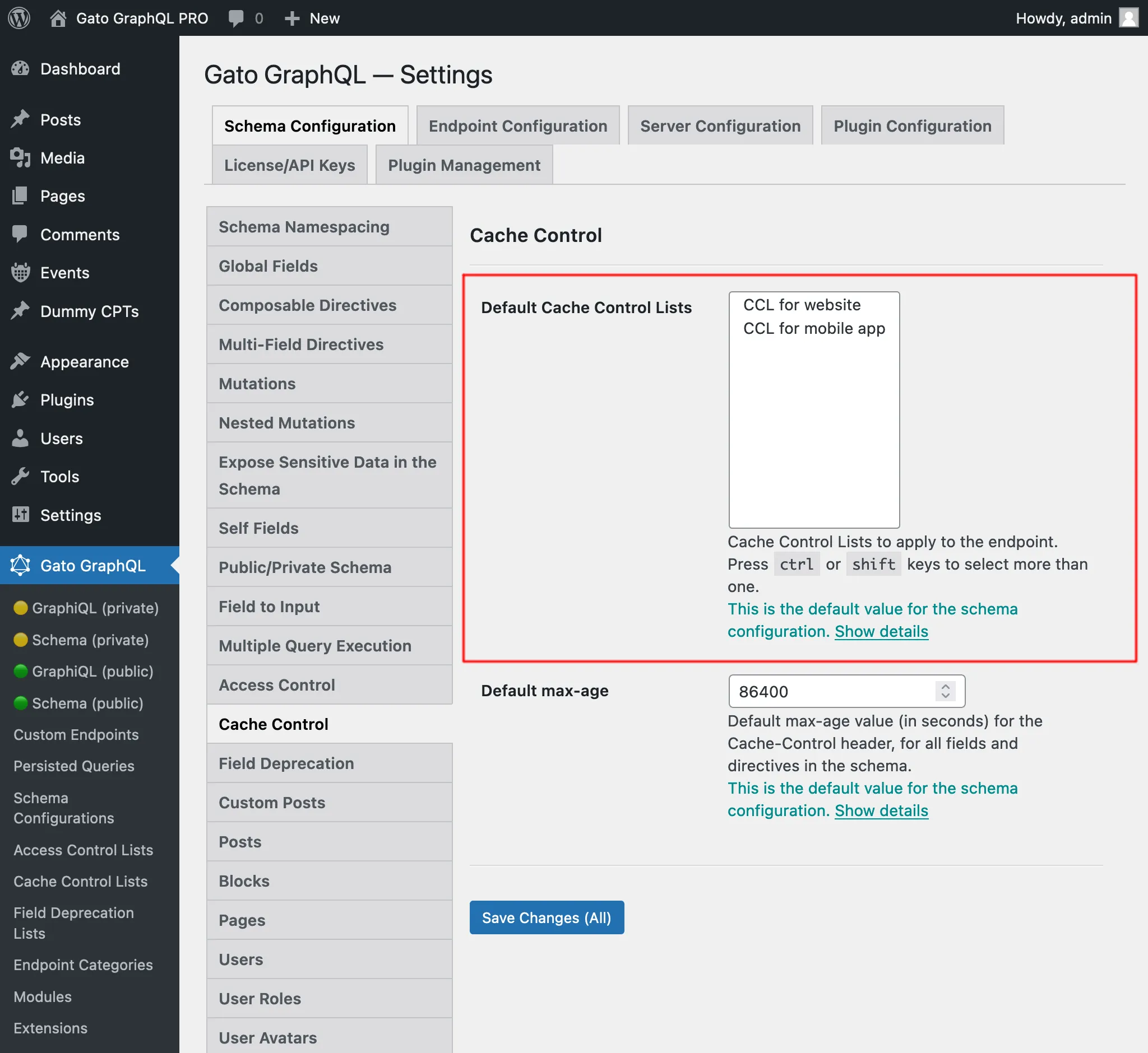 Selecting the default Cache Control Lists in the Settings page Selecting the default Cache Control Lists in the Settings page