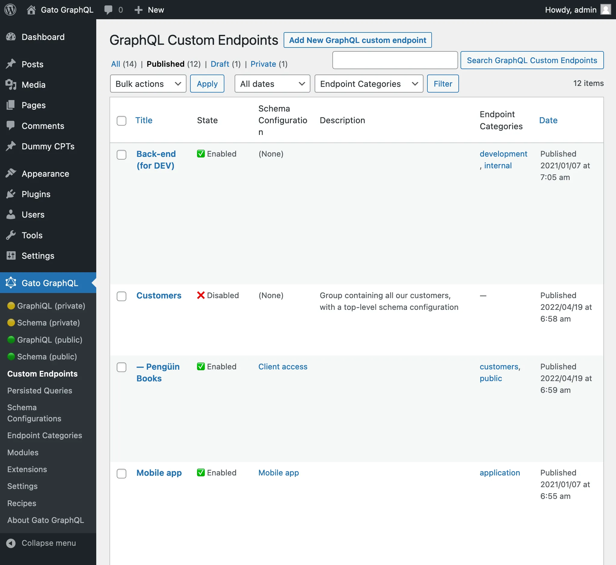 Custom Endpoints page